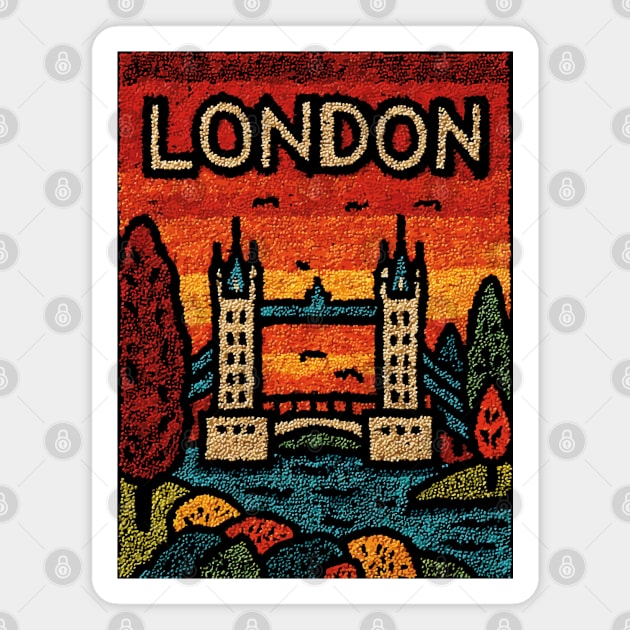 London River Thames Linocut Poster | Retro Tower Bridge Scene Magnet by TuncGK